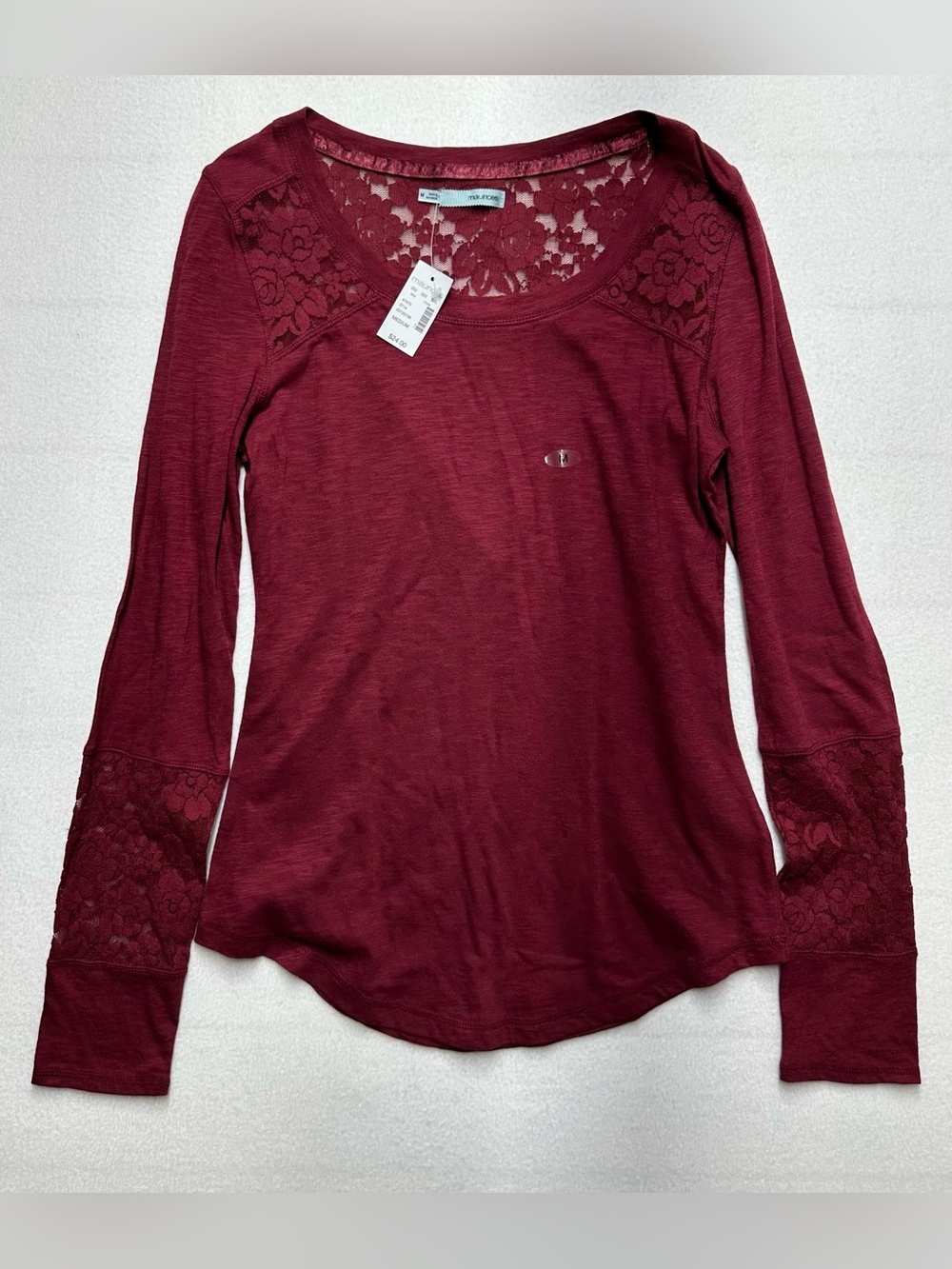 Maurices Burgundy Lace Long Sleeve Top P2P 20 NWT Soft Knit